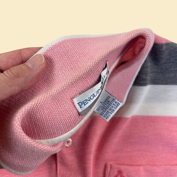 90s L pink polo shirt by Penguin Club, vintage pink & grey striped mens top - Picture 2 of 10